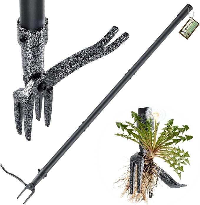 Stand Up Weed Puller Tool, 46" Adjustable All-Metal Long Handle Weeder with 4-Claw Steel Head, Remove Weeds by Roots Without Bending or Kneeling, Heavy Duty Garden Tool Back & Knee Friendly