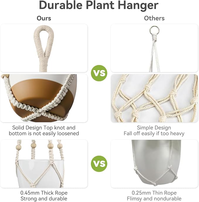 USLAI Macrame Plant Hanger Indoor Outdoor, Fits 4 to 15 Inch Pots, Strong Hanging Planter Holder, Boho Home Decor, 23+29+35 Inch, Ivory (POTS NOT Included)