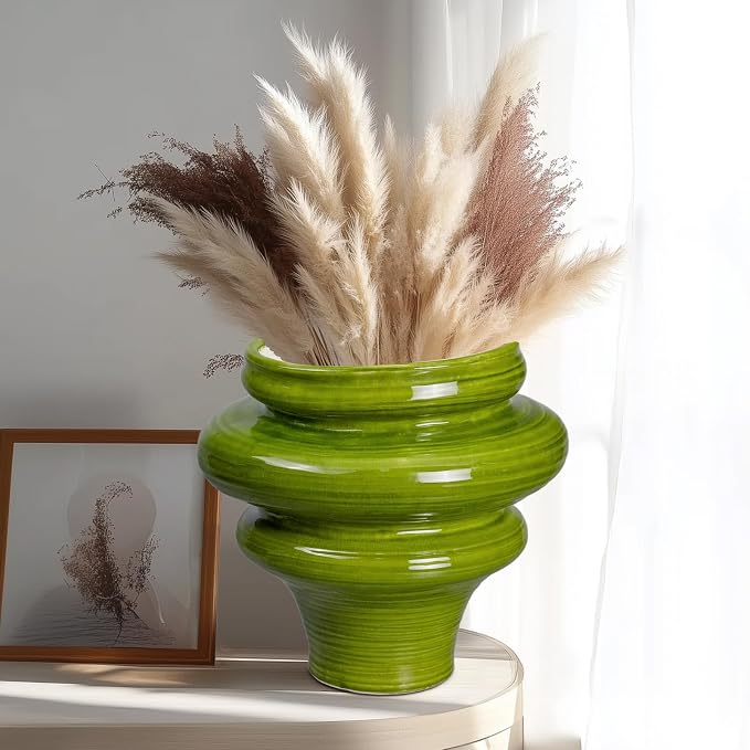 Ceramic Pot for Plants 11 Inch - Plant Pot for Indoor Outdoor, Decorative Bonsai Planter with Drainage Hole, Flower Pots for Office, Gift for Men Women, Green