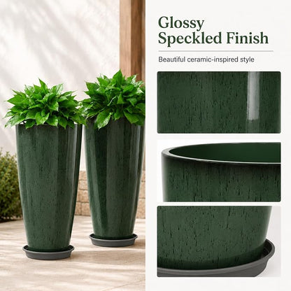 Neoaider Set of 2 Tall Planter, 21 inch Large Plastic Planter, Dark Green | Ceramic-Look, Lightweight, Built-in Drain Hole, Saucers, Tall Outdoor Planter for Porch, Garden, Patio, Balcony