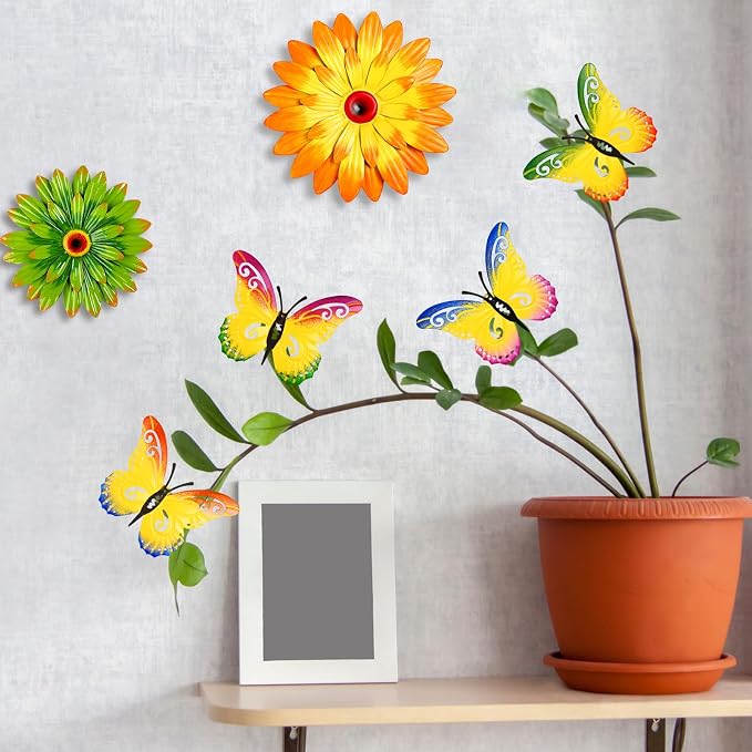 Gisafai 10 Pack Metal Flower Wall Decor Outdoor, 3D Daisy and Butterfly Metal Garden Wall Art, Colorful Fence Decorations for Patio Backyard Balcony Porch, Summer Housewarming Gift(Fashion)