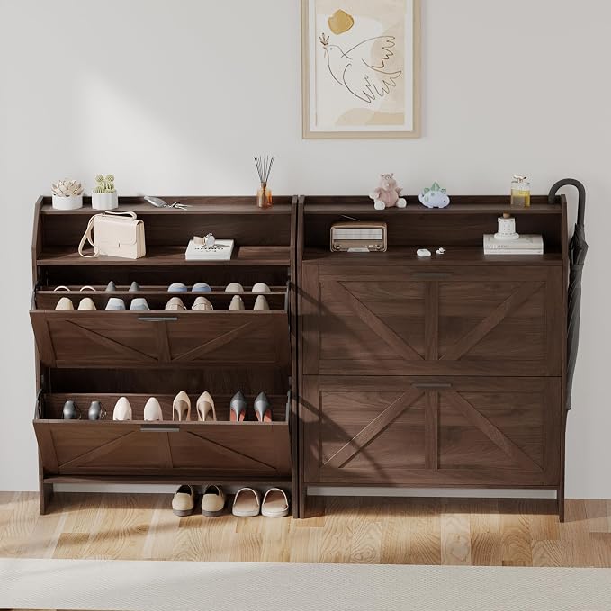Mericonia Farmhouse Shoe Cabinet with 2 Flip Drawers, Shoes Storage Cabinet, Freestanding Shoe Rack Organizer for Entryway, Walnut