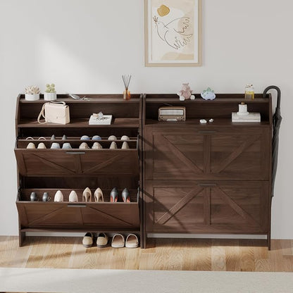 Mericonia Farmhouse Shoe Cabinet with 2 Flip Drawers, Shoes Storage Cabinet, Freestanding Shoe Rack Organizer for Entryway, Walnut