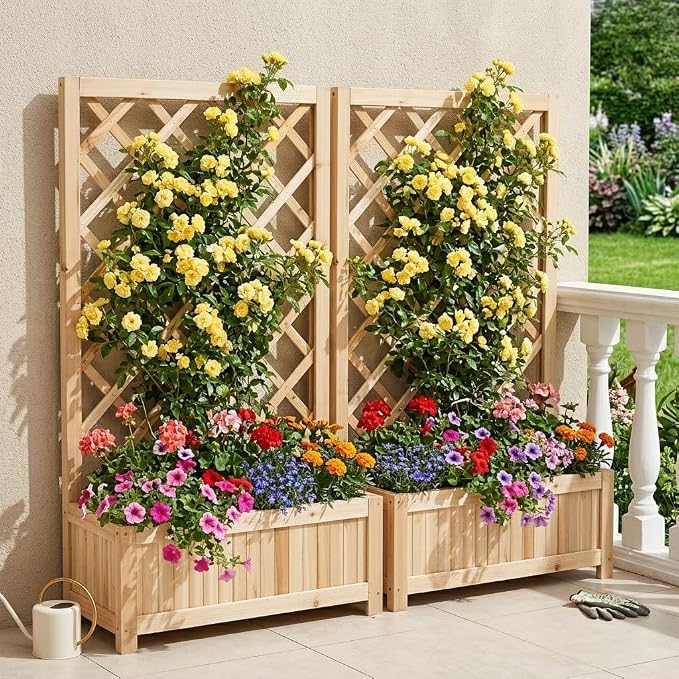 Wooden Raised Garden Bed with Trellis, 40" Outdoor Planter Box for Climbing Plants, Vertical Natural Wood Garden Planter for Vegetables, Flowers & Vines, Lattice Plant Support for Patio Yard Balcony