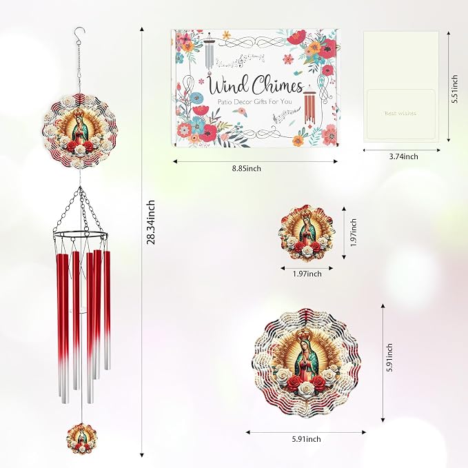 Our Lady of Guadalupe Wind Chimes for Outside with Wind Spinner, Summer Garden Patio Yard Decor, Virgin Mary Religious Wind Chime with Gift Box, Catholic Gifts for Women Mom Grandma