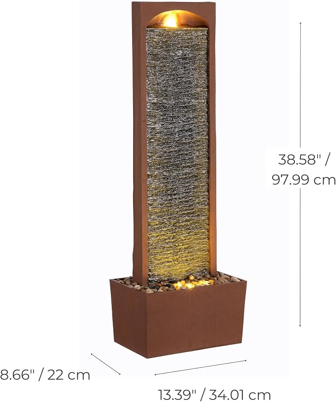 Teamson Home 38.5" Faux Slate Contemporary Outdoor LED Waterfall Fountain with Pebble Base, Red Rock | Contemporary, Pebble Base