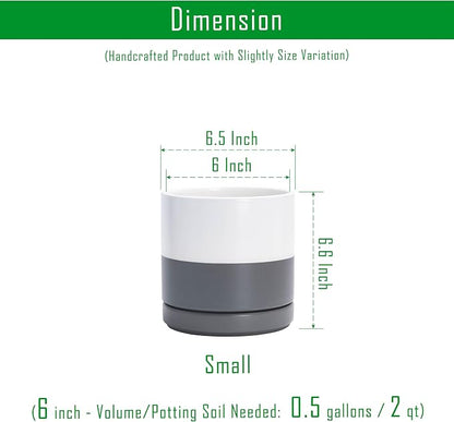 D'vine Dev 6.5 Inch Ceramic Planter Pot, White/Grey, 94-O-C-6 | Modern Cylinder Design, Drainage Hole & Saucer Included, Stable Structure, Elegant Home Accent