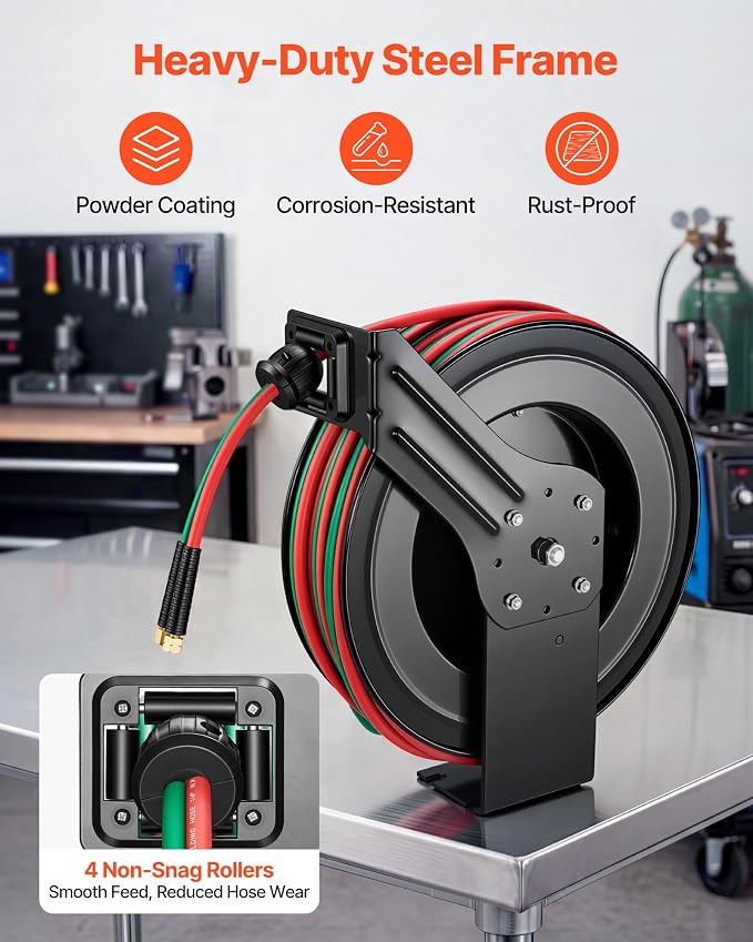VEVOR Retractable Welding Hose Reel, 1/4 Inch x 100FT Twin Oxygen Acetylene Rubber Hose Max 300PSI - R Grade, Ceiling/Wall Mount Heavy Duty Steel Hose Reel Auto-Rewind, Ideal for Workshops Garages