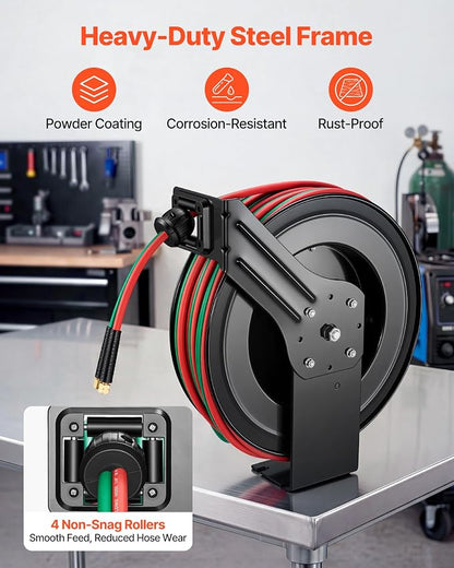 VEVOR Retractable Welding Hose Reel, 1/4 Inch x 100FT Twin Oxygen Acetylene Rubber Hose Max 300PSI - R Grade, Ceiling/Wall Mount Heavy Duty Steel Hose Reel Auto-Rewind, Ideal for Workshops Garages