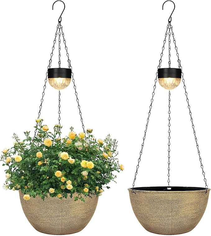SUNNYPARK 2 Pack Solar Hanging Planters for Plants Outdoor | Self Watering, Copper Flower Pots with Solar Light, Hanging Garden Planters with Drainer for Balcony Patio Outdoor Decor