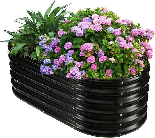 YSEJOMP 17" Tall Oval-Shaped/Elliptic Metal Raised Garden Bed Outdoor Black | 48X24X17 Inch,1.5 FT Tall,0.8MM Thick Galvanized Metal Painted,for Variety of Flowers,Herbs,Vegetables.with Gloves,Tool free