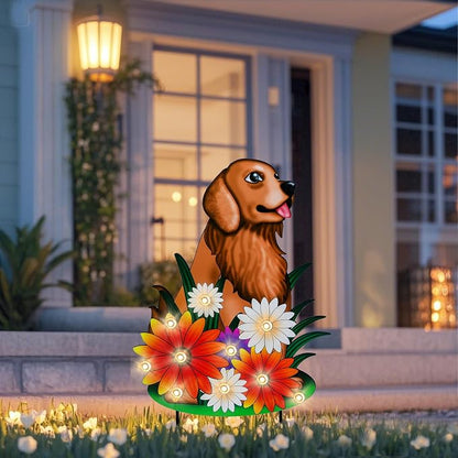 WONDER GARDEN Decorative Garden Stakes - Lighted Dog and Flower Yard Sign Stakes Spring Signs for Outdoor, Porch, Yard,Flower Bed Decor