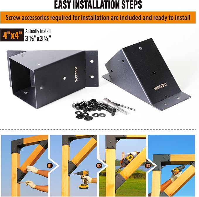 2pack 4x4 (Actual 3.5''x3.5'') Degree Angle Support Brackets, for Pergola, Gazebo, Deck Wood Frame Structures Provide Support 45° Degree Angle Bracket