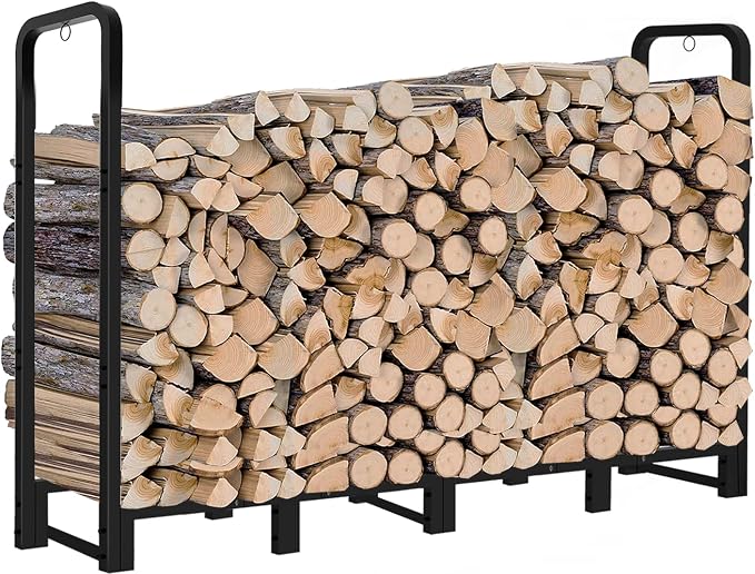 8ft Outdoor Firewood Rack, Upgraded Heavy Duty Logs Stand Stacker Holder for Fireplace - Metal Lumber Storage Carrier Organizer, Bright Black