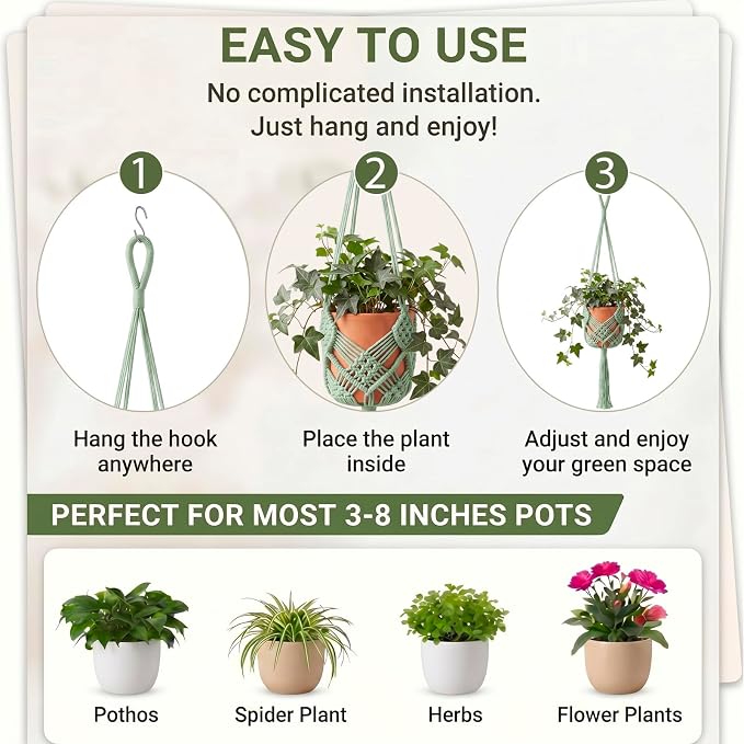 Shappy 1 Pack Boho Macrame Plant Hanger, Large Hanging Planter Plant Holder Pot Hanger Hanging Basket Wall Planters, Plants Lover Gift for Indoor Garden (Diamond Knot Macrame,Sage Green)