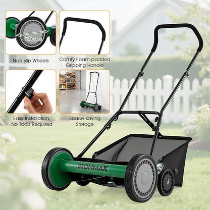 IRONMAX 18 Inch 5-Blade Push Reel Lawn Mower, 9-Level Adjustable Cutting Heights, Removable Grass Catcher, Lightweight No Motor Walk-Behind Manual Grass Cutter for Garden Yard Park (Green, 18 Inch)