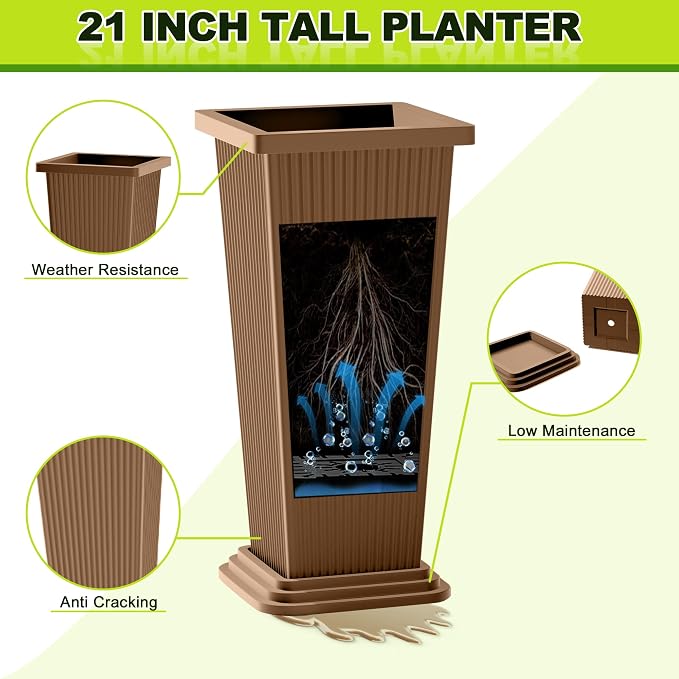 FENCY Set of 2 Tall Planters for Outdoor Plants, Brown Ribbed | 24 Inch, with Drainage Hole & Trays, Plastic Tapered Pots, Weather-Resistant, Front Door Decor