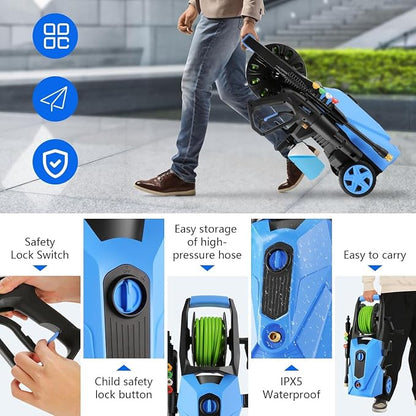 Electric Pressure Washer 5000 PSI,2.8 GPM Power Washer with Foam Cannon,Portable Cleaner with 33ft Hose Reel,4 Nozzle Tips,and Soap Bottle for Cars/Home/Driveways/Patios/Decks/Fences