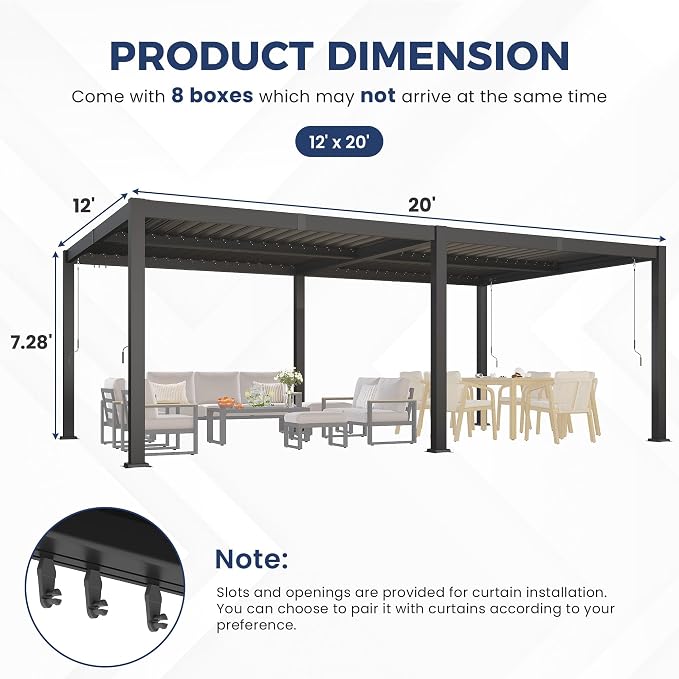 12' x 20' Louvered Pergola, Aluminum Frame Outdoor Pergola with Adjustable Louvered Roof & Integrated Gutter System, Hardtop Patio Gazebo for Backyard, Patio, Garden, Dark Gray