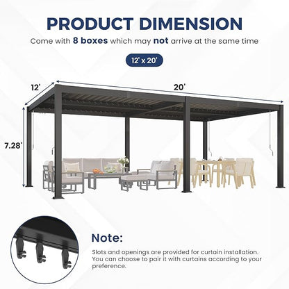 12' x 20' Louvered Pergola, Aluminum Frame Outdoor Pergola with Adjustable Louvered Roof & Integrated Gutter System, Hardtop Patio Gazebo for Backyard, Patio, Garden, Dark Gray