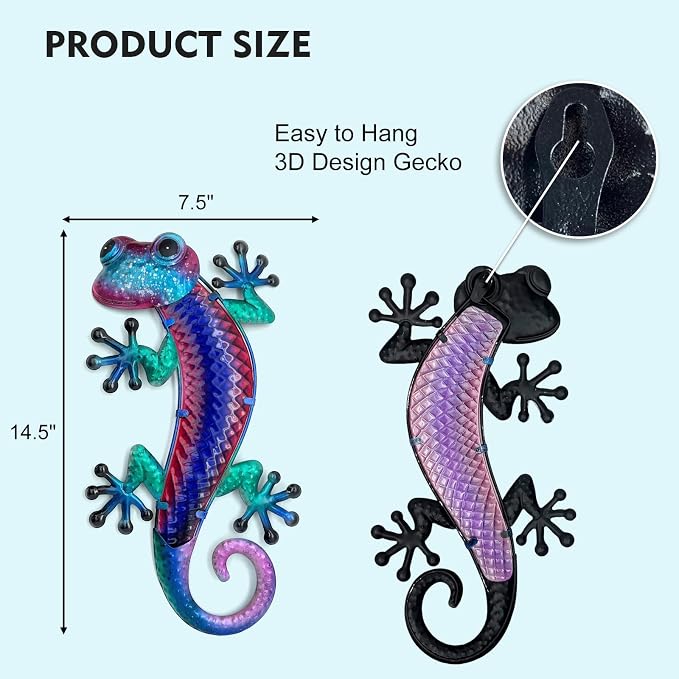 HONGLAND Lizard Metal Wall Art-15 Inch Gecko Wall Decor Hanging Glass Sculpture, 2 Pack Yard Decorations Outdoor for Garden Fence Home