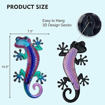 HONGLAND Lizard Metal Wall Art-15 Inch Gecko Wall Decor Hanging Glass Sculpture, 2 Pack Yard Decorations Outdoor for Garden Fence Home