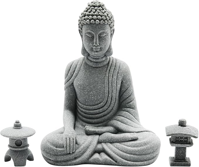 Hoypeyfiy Mini Buddha Statue Set with Stone Lantern, Zen Garden Accessories Sitting Buddha Figurine for Home Decor, Patio Yard Garden, Terrarium, Micro Landscape Decoration