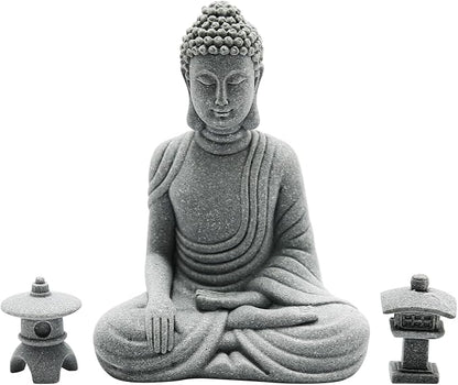 Hoypeyfiy Mini Buddha Statue Set with Stone Lantern, Zen Garden Accessories Sitting Buddha Figurine for Home Decor, Patio Yard Garden, Terrarium, Micro Landscape Decoration