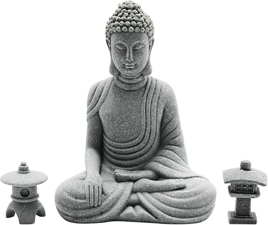 Hoypeyfiy Mini Buddha Statue Set with Stone Lantern, Zen Garden Accessories Sitting Buddha Figurine for Home Decor, Patio Yard Garden, Terrarium, Micro Landscape Decoration