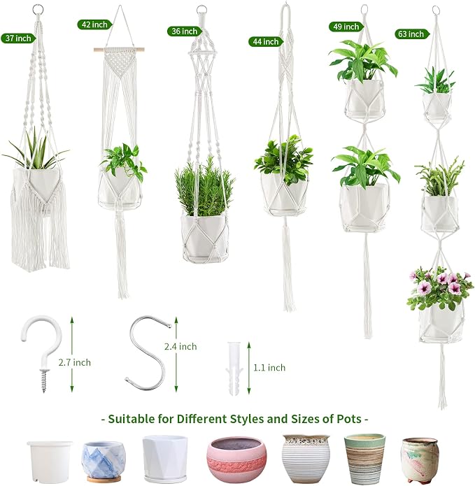 SFENNGPET Macrame Plant Hangers, 6Pack Hanging Planters for Indoor Plants w/ 6 Set Hangers Kit Handmade Macromay Plant Hangers Indoor Flower Pots Holder Stand for Boho Home Décor (POTS NOT Included)