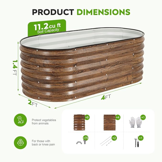 Galvanized Raised Garden Bed Outdoor- 2PCS 4x2x1.4ft Oval Steel Raised Beds for Gardening, Metal Planter Box with Protective Strip and Gloves for Vegetables, Flowers, Fruits(Brown)
