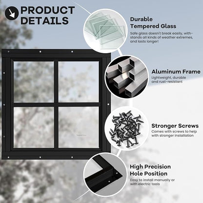 Shed Windows 2 Pack, Chicken Coop Fixed Windows 18" x 18" Black | Square Gable Flush Mounted Small Windows with Tempered Glass for Shed, Barns, Playhouse, Household, Garage