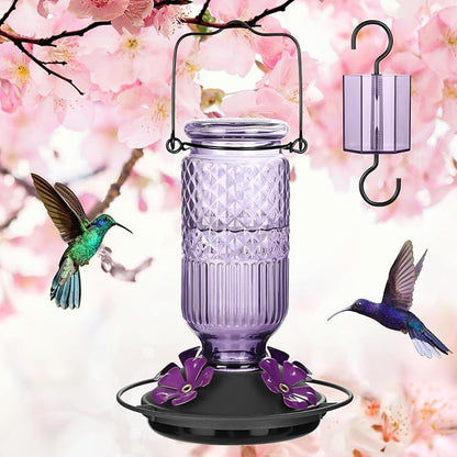 FEED GARDEN Glass Hummingbird Feeder for Outdoors Hanging, 16 oz Leak-Proof Nectar Feeder with Bee Guards & Ant Moat, 4 Metal Flower Feeding Ports, 360° Perch Ring, Easy Refill & Clean, Purple 2 Pack