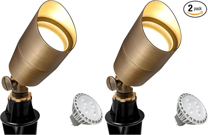 GKOLED Solid Brass Low Voltage Compact Spotlight, 12V AC/DC Waterproof Outdoor Landscape Spot Lights for House Trees Garden Yard Lawn, Up Light with 5W 2700K MR16 Bulb, Stake Included (Pack of 2)