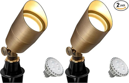 GKOLED Solid Brass Low Voltage Compact Spotlight, 12V AC/DC Waterproof Outdoor Landscape Spot Lights for House Trees Garden Yard Lawn, Up Light with 5W 2700K MR16 Bulb, Stake Included (Pack of 2)