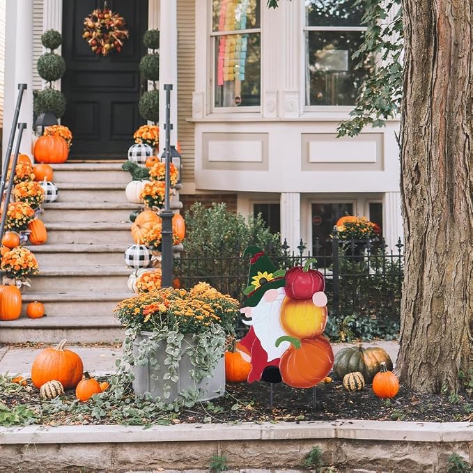 YEAHOME Fall Decorations Outdoor, Metal Gnome with Stacked Pumpkin Decorative Garden Stakes for Fall Decor, Autumn Yard Signs for Home Outside Garden Lawn Porch, Thanksgiving Decorations Outdoor