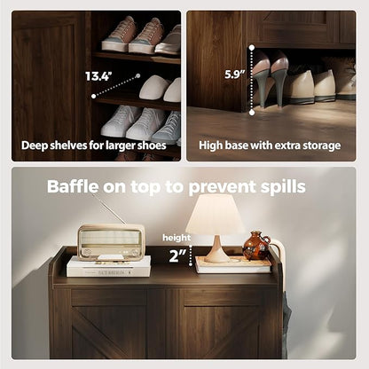 Mericonia Farmhouse Shoe Cabinet with Doors, Modern Large 5-Tier Shoe Storage Cabinet with Adjustable Shelves, Wooden Shoe Organizer for Entryway, Hallway, Closet, Bedroom, Living Room (Walnut)