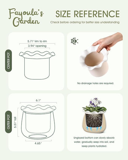 Fayoula Self Watering Plant Pot, 6 Inch African Violet Pots Maintenance, Ceramic Self-Watering Planter for Indoor Plants - Ideal Flower Pot for Thriving Indoor Gardens, White