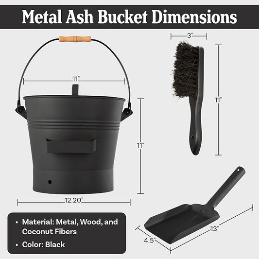 Pure Garden Ash Bucket - Metal Bucket with Lid (2.11-Gallon), Broom, and Shovel for Fireplace or Firepit Ashes - Fireplace Tools (Black) - 1 Count