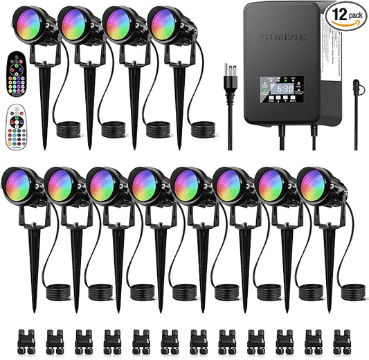 SUNVIE 12 Pack RGBW Color Changing Landscape Lights with 300W Low Voltage Landscape Transformer 12-24V LED Landscape Lighting Kit Waterproof Multicolor Spotlights for Christmas House Yard Tree Garden