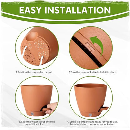 5 Pack 6 Inch Self Watering Planters for Indoor Plants, Automatic Watering Pots for Busy Plant Parents & Vacation, Decorative Modern Flower Pots with Drainage & Saucers (Terra Cotta, 6 inch)