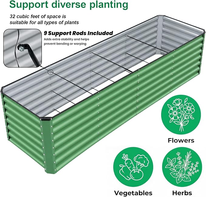 8x2x2FT Raised Garden Beds Outdoor, Planter Raised Beds for Gardening, Vegetables, Flowers,Large Metal Garden Box, Deep Plant Flower pots Outdoor (Green, 1Pack)