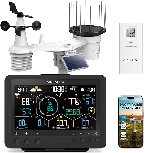 4900FT WiFi Smart Weather Stations Wireless Indoor Outdoor, LoRa Based Wireless Weather Station with 7-in-1 Solar Sensor, Thermo-Hygro Sensor, Bird Spike, CSV Export & Calibration Black