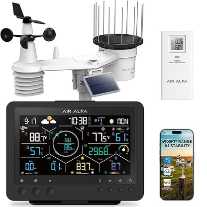 4900FT WiFi Smart Weather Stations Wireless Indoor Outdoor, LoRa Based Wireless Weather Station with 7-in-1 Solar Sensor, Thermo-Hygro Sensor, Bird Spike, CSV Export & Calibration Black