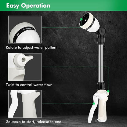RESTMO Heavy Duty Metal Hose Wand, Watering Wand for Garden Hose | 180° Swivel Ratcheting Head, 16'' Hose Sprayer, 7 Spray Patterns, Flow Control, Ideal for Hanging Baskets & Shrubs, White