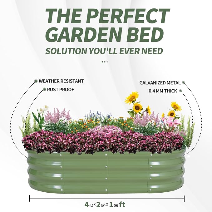 1MORE Galvanized Raised Garden Bed- Planter Garden Boxes Outdoor, Raised Beds for Gardening, 4x2x1ft Metal Garden Bed Kit for Vegetables Flower, Planter Raised Beds with Tools.Green-2pack