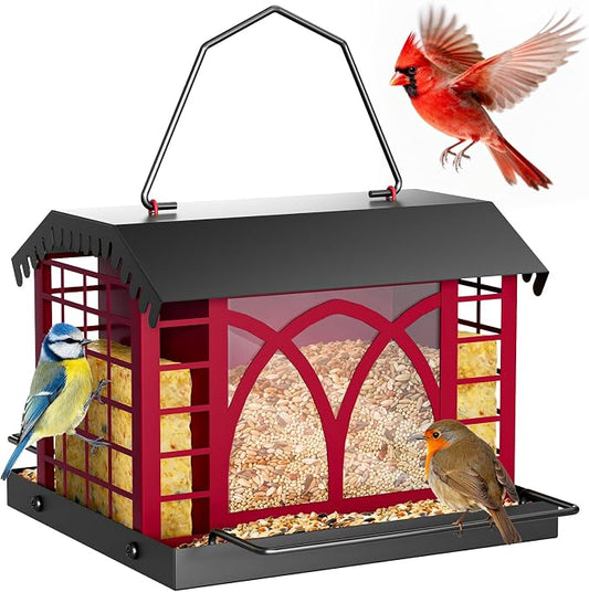 Bird Feeders for Outdoors Hanging, Metal Bird Feeder with Double Suet Cage Weatherproof Metal Roof, 3.5Lbs Large Capacity Great for Attracting Finch Cardinal Chickadee Wild Birds, Berry Red