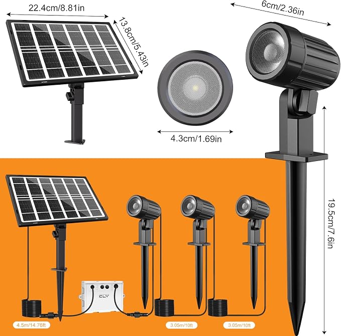 Cly Solar Landscape Spotlights, Solar Lights Outdoor IP66 Waterproof, Remote Control 2 Dynamic Modes 3 Brightness Adjustable 2700-6500K Auto On/Off 11M Cable for Garden Pathway Trees Flag 3 in 1