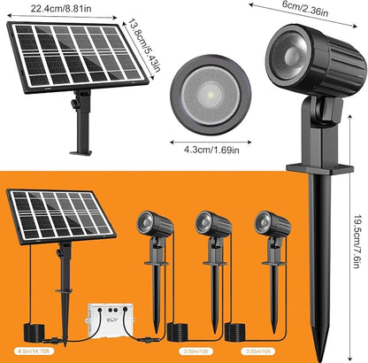 Cly Solar Landscape Spotlights, Solar Lights Outdoor IP66 Waterproof, Remote Control 2 Dynamic Modes 3 Brightness Adjustable 2700-6500K Auto On/Off 11M Cable for Garden Pathway Trees Flag 3 in 1