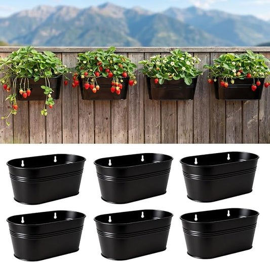LaLaGreen Wall Planter (11.8 Inch, 6 Pack) Black Oval Metal Wall Hanging Decor Plant Holder for Mounted Indoor Flower Pots Balcony Railing Fence Window Decoration Porch Plants Pot Baskets Planters